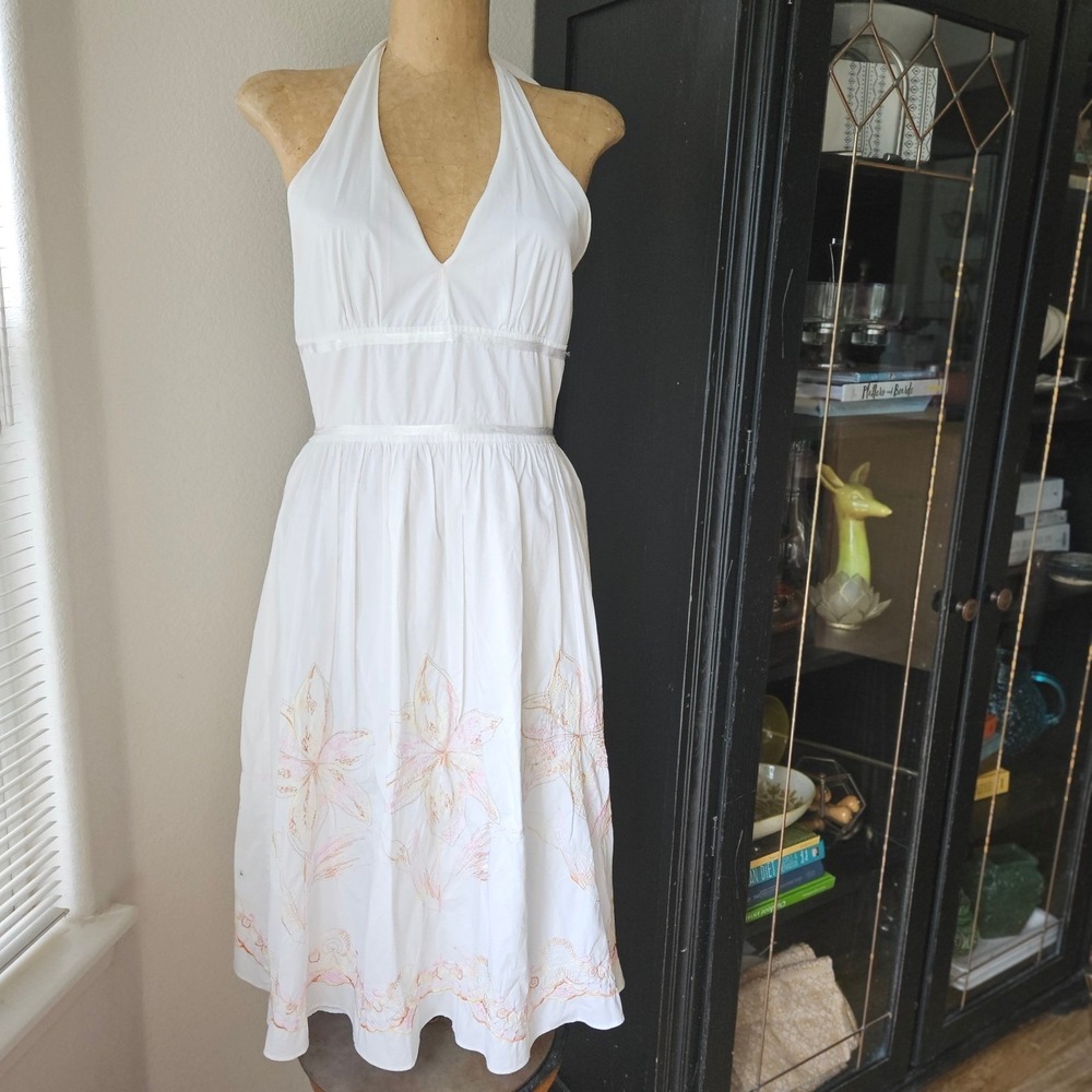 White Halter Dress Embroidered Floral Empire Waist Y2K Resort Summer Apny Sz 6